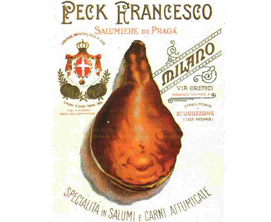 Una delle prime locandine pubblicitarie di Peck della fine del 1800.